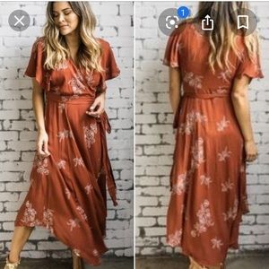 Mod Ref Embroidered Wrap Midi Dress in Rust